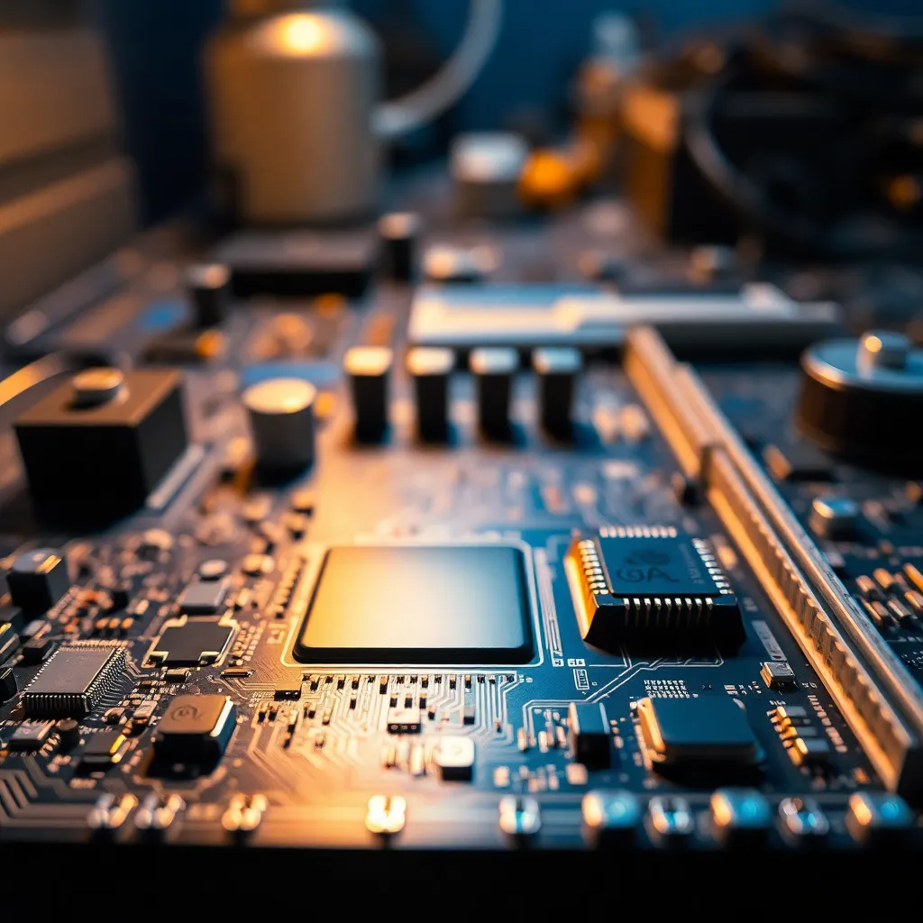 Detailed Close-Up of Computer Motherboard This mesmerizing close-up captures the intricate details of a computer motherboard, emphasizing the complexity of modern technology. Illuminated by a warm tungsten desk lamp, the vibrant blues and metallic silvers pop against the softly blurred background. The shallow depth of field directs attention to the fine circuits and components, inviting the viewer to explore the sophistication of electronic design. The leading lines of the circuitry create movement within the composition, making it visually engaging.