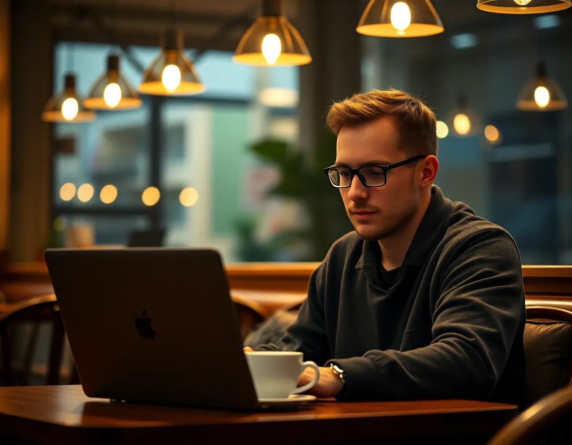Programmer Enjoying Work in a Cozy Café This serene image captures a focused programmer immersed in their work at a cozy café, complete with a steaming cup of coffee. Soft, warm lighting creates a welcoming environment, making it an ideal spot for productivity. With a beautiful blur in the background and natural colors throughout, this scene embodies the blend of coding and comfort—perfect for illustrating a relaxed yet focused tech lifestyle.