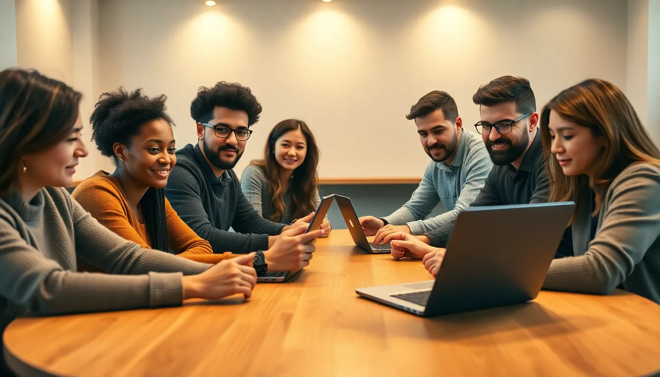 Diverse Developers Collaborating at a Coding Table An engaging scene of a diverse group of developers collaborating on a coding project at a round table. Bright overhead lighting enhances the warm tones of the setting while creating a welcoming atmosphere. The shallow depth of field focuses on their concentrated expressions, highlighting their teamwork and engagement. This image encapsulates the spirit of collaboration and innovation in the tech world.