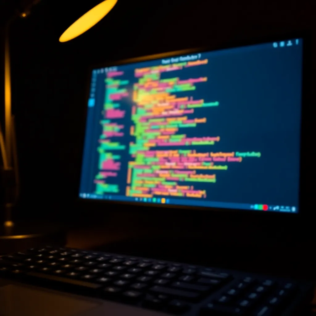 Close-Up of Colorful Code on Computer Screen This striking close-up image presents a vibrant screen filled with colorful code, illuminated by warm tungsten light. Captured with a shallow depth of field, the focus is on the text, while the soft bokeh creates a sense of depth. The warm color palette adds a cozy atmosphere, suggesting late-night coding sessions. This image beautifully conveys the intensity and creativity of programming work.