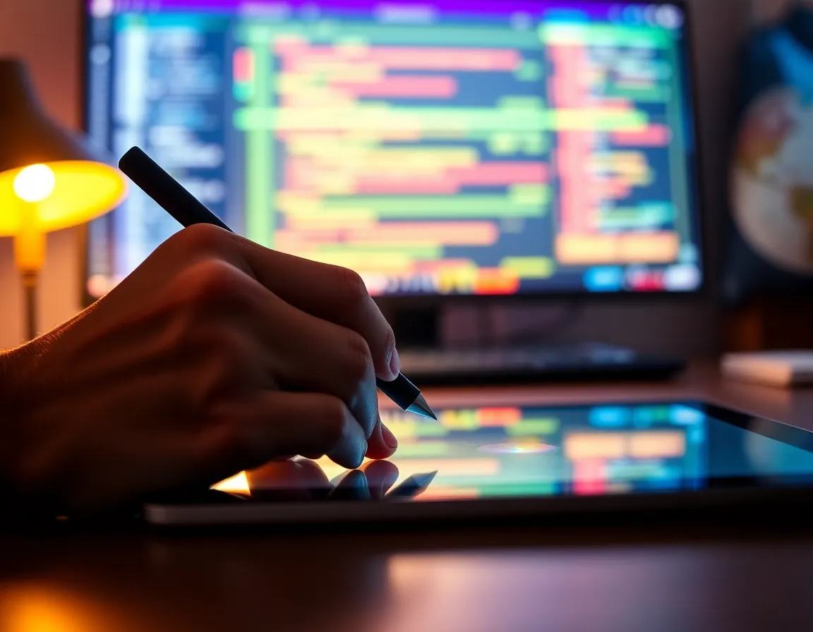 Hand Using Stylus on Tablet for Coding This detailed macro shot captures a hand in action, using a stylus on a tablet for coding in a vibrant digital workspace. The warm rim light beautifully highlights the texture and movement of the hand, conveying creativity and focus. A colorful digital interface adds dynamism, with a shallow depth of field drawing attention to the tablet. The vibrant color palette evokes an innovative atmosphere, making the image ideal for illustrating modern coding practices.