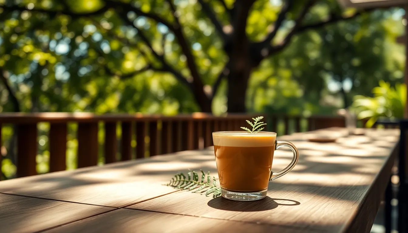 A stunning latte art presented in a glass cup, set on a sunlit terrace surrounded by lush greenery. Dappled sunlight filters through overhead tree branches, creating enchanting bokeh effects that enhance the serene ambiance. The rich colors of the latte contrast beautifully with the natural greens and browns of the environment. The composition draws the viewer in, following the lines of the table and the surrounding foliage, urging them to savor the moment.