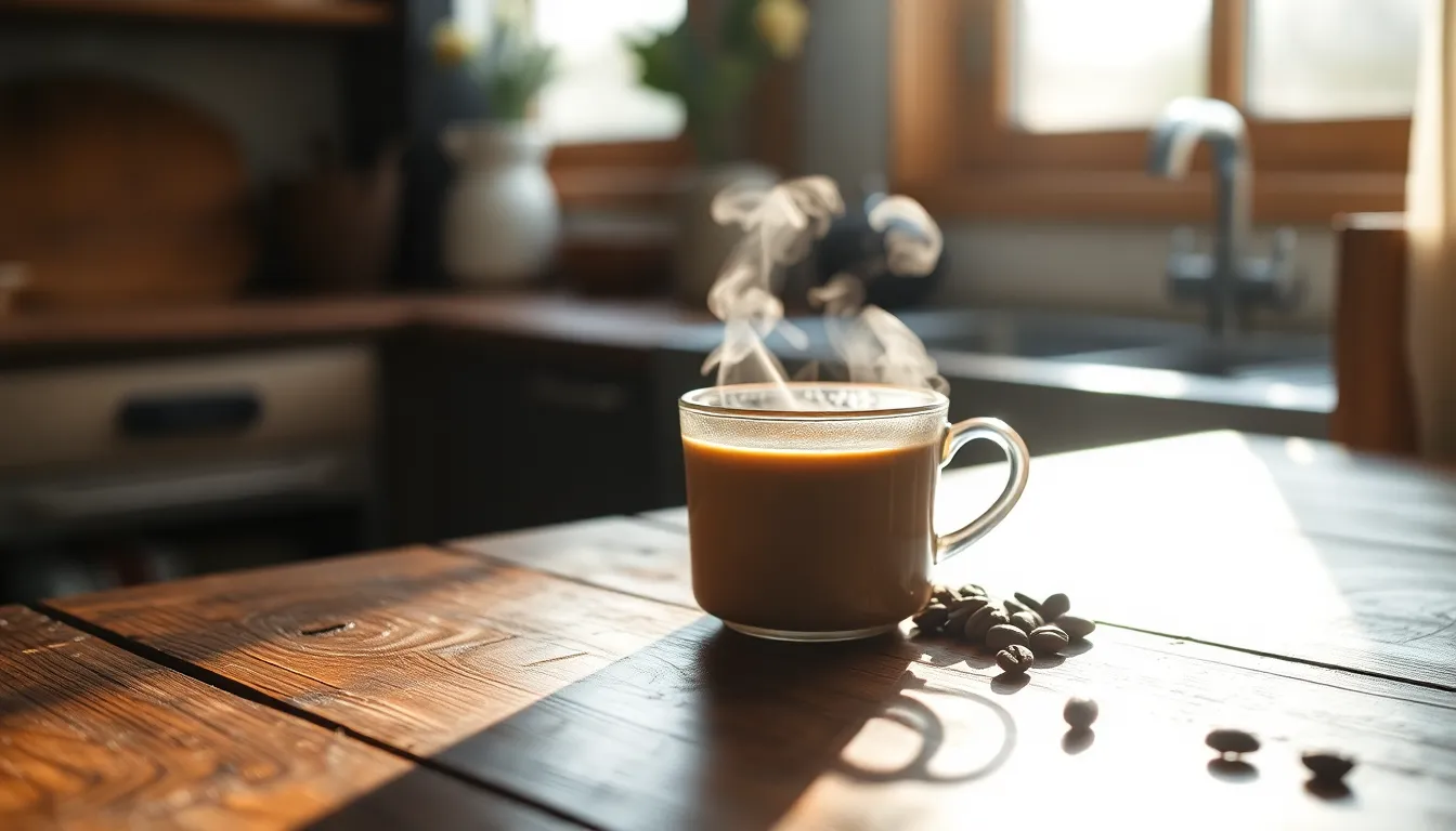 A cozy morning coffee scene featuring a steaming cup placed on a rustic wooden table. The soft morning light from a nearby window creates gentle highlights on the surface, enhancing the warm, inviting mood. The shallow depth of field blurs the background, focusing on the texture of the wooden table and scattered coffee beans. The natural muted tones evoke a sense of calm and tranquility, perfect for a peaceful morning ritual.