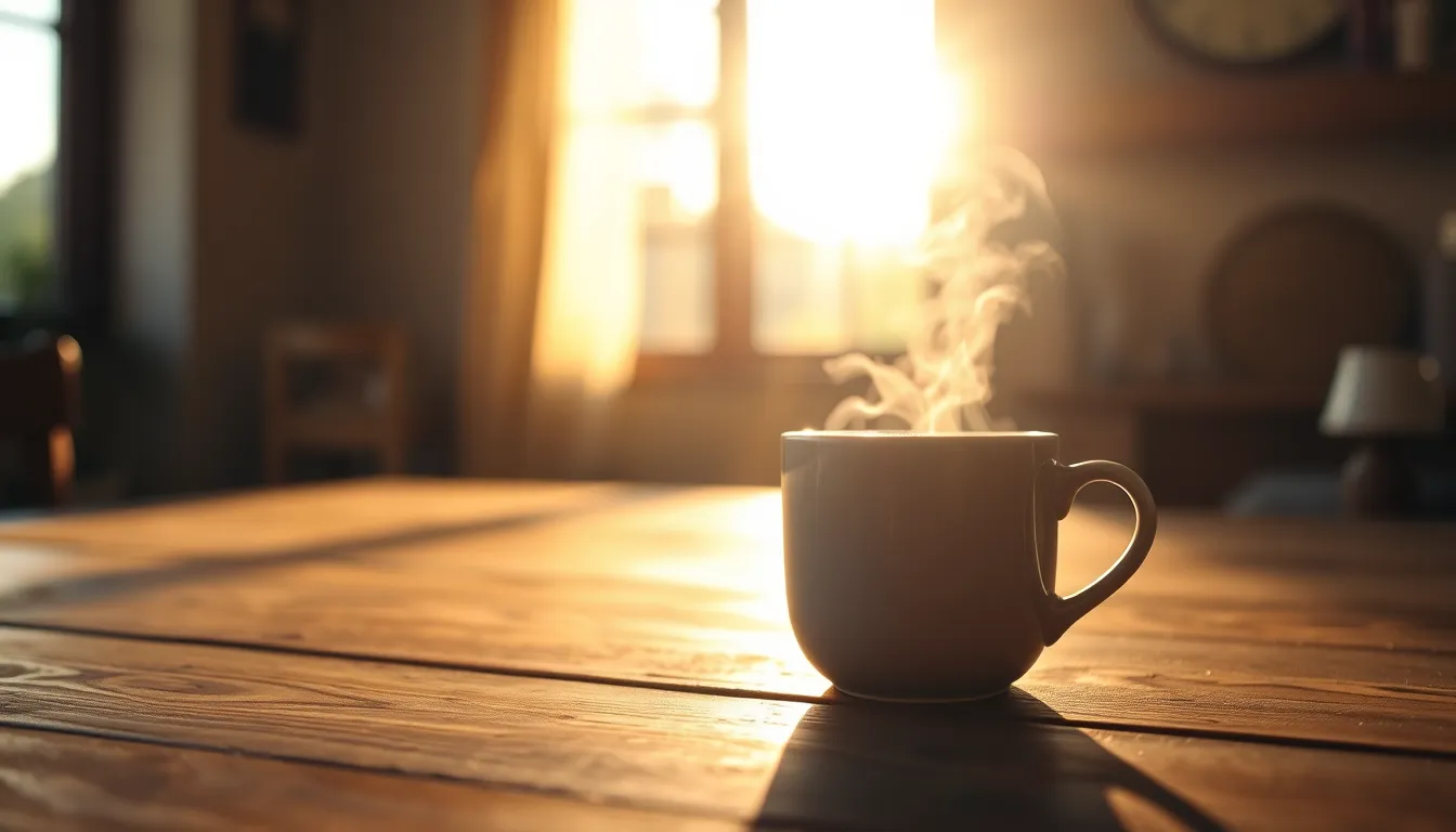 This inviting image captures a steaming cup of coffee on a charming rustic wooden table, illuminated by soft morning light. The warm brown hues of the coffee and the rich texture of the wooden surface create a cozy, welcoming atmosphere. The shallow depth of field focuses on the coffee, while the background melts into a pleasant bokeh. This composition invites the viewer to enjoy a moment of calm over a beautiful cup of coffee.