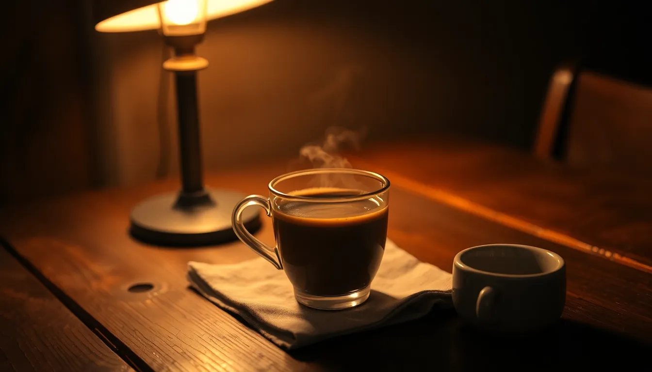 A steaming mug of coffee sits on a rustic, weathered wooden table, with scattered coffee beans around it. The warm pool of light from a nearby tungsten lamp highlights the rich brown tones of the coffee and the textured wood beneath. The shallow depth of field creates a creamy bokeh effect, softly blurring the background, while warm skin tones of a hand reaching for the mug add a personal touch to the scene.