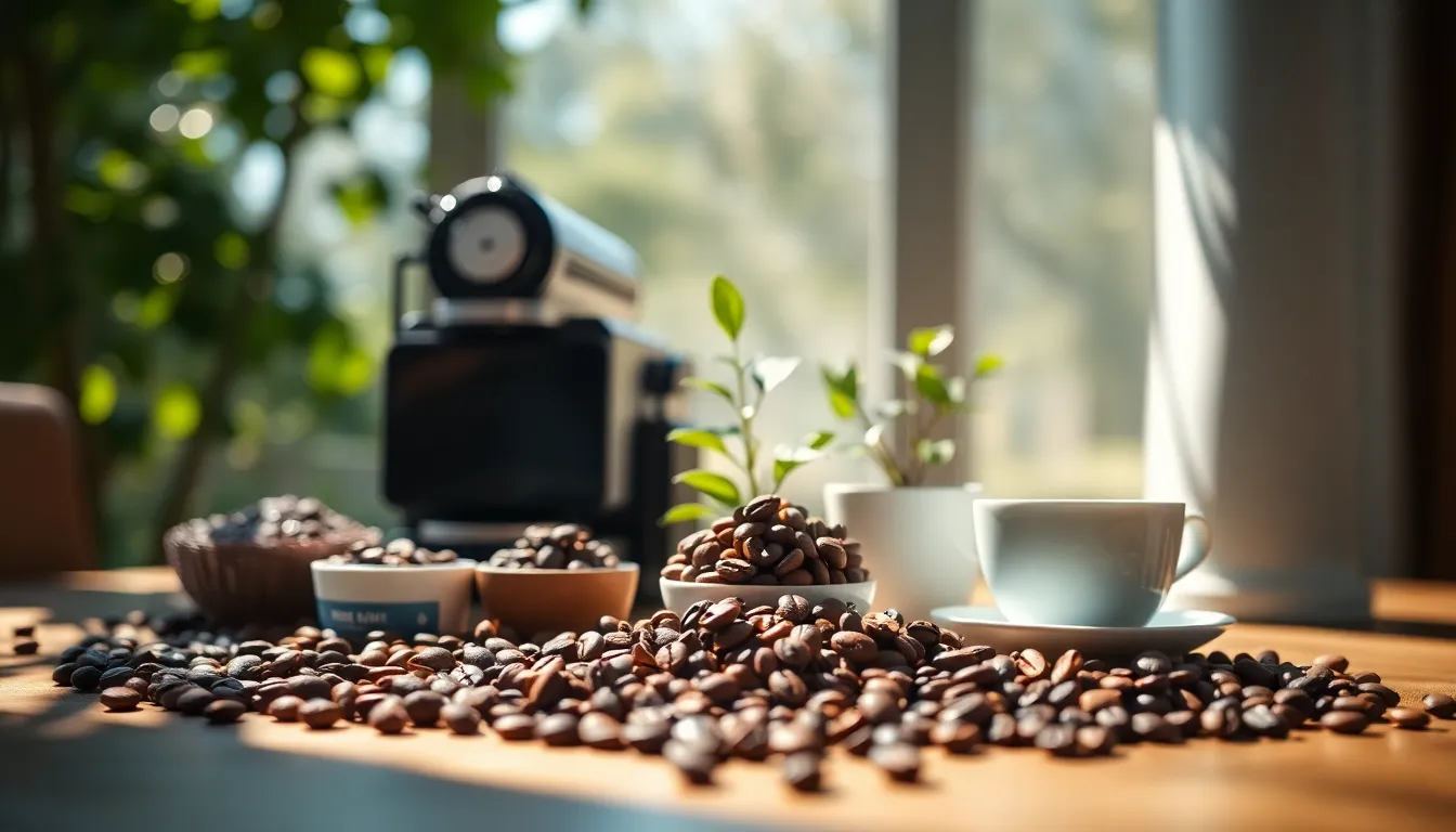This photorealistic image captures an elegant coffee table display showcasing various types of coffee beans, an espresso machine, and a small potted plant. Natural sunlight dapples through leaves, adding a warm glow to the composition and enhancing the earthy color palette. The shallow focus highlights the textures of the coffee beans, inviting the viewer to appreciate the rich details. The leading lines of the arrangement guide the eye through the scene, creating an inviting focal point for any coffee lover.