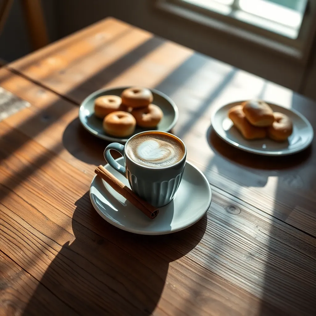 This artistic flat lay features a cappuccino paired with a cinnamon stick and a selection of pastries on a weathered oak tabletop. Soft morning light filters in, casting gentle shadows and highlighting the warm tones of the coffee and treats. The shallow depth of field emphasizes the cappuccino while showcasing the textures of the pastries and the oak table. This composition invites viewers to explore this delightful coffee experience.