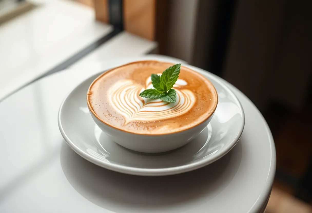 This elegant image displays a latte adorned with intricate foam art, elegantly presented on a clean white plate. Overcast daylight creates soft, diffuse shadows, providing a calm and serene ambiance. The vibrant browns of the coffee contrast beautifully with the whites of the porcelain and the green of a mint leaf garnish, emphasizing the artistry and sophistication involved in crafting this delightful beverage.