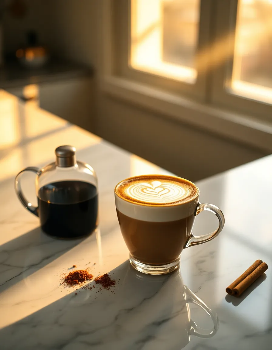 This elegant image captures a meticulously crafted cappuccino presented on a sleek marble countertop. Golden hour light highlights the glossy surface and rich textures while casting a warm glow over the scene. The shallow depth of field accentuates the beautiful latte art and frothy crown of the coffee, inviting viewers to experience the rich aromas. The thoughtful composition balances the cup with its surroundings, creating an enticing presentation perfect for coffee enthusiasts.