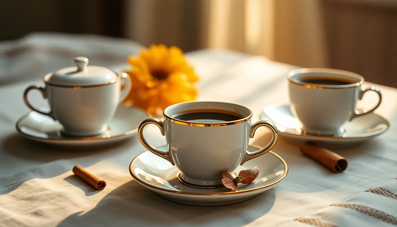 This captivating image presents an artistic arrangement of various coffee cups and saucers, elegantly displayed alongside a cinnamon stick on a textured linen surface. The warm, creamy tones of the scene are enhanced by soft butterfly lighting, which highlights the delicate features of the cups. A shallow depth of field creates a dreamy bokeh effect, drawing attention to the enchanting details of the coffee set. It's an ideal image for lifestyle blogs or coffee-related publications.