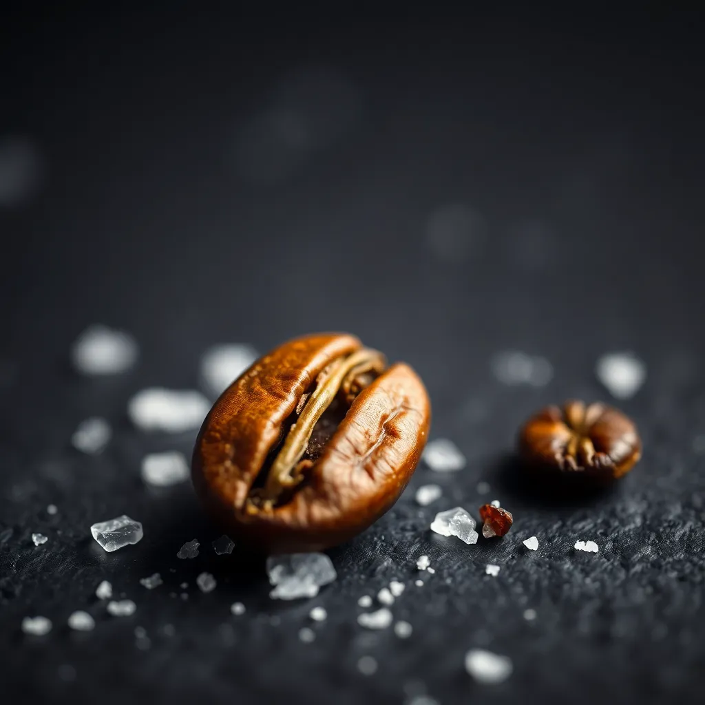 This striking macro close-up reveals the intricate details of a coffee bean, perfectly juxtaposed against a sprinkle of sea salt on a dark slate background. The soft lighting enhances the textures, highlighting the richness of the bean while creating an intimate atmosphere. The deep browns contrasting with the dark slate evokes a sense of depth and intensity. The careful arrangement places the bean off-center, creating a dynamic composition that draws the viewer's attention to the rich flavors of coffee.