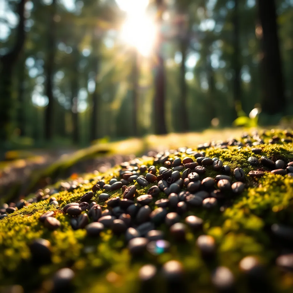 A close-up view of freshly roasted coffee beans scattered on a vibrant mossy forest floor, illuminated by dappled sunlight filtering through the tree canopy. The rich earthy tones of the beans contrast beautifully with the lush greens, creating a vibrant and inviting natural scene. The selective focus draws attention to the textures of the beans while the soft bokeh adds a magical atmosphere to this coffee-related composition in nature.