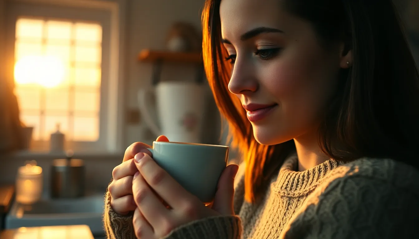 In a warmly lit kitchen, a person savors their coffee while wearing a soft knitted sweater, illuminated by the golden hour light. The gentle glow enhances the natural beauty of their skin, showing soft freckles and an inviting expression. The cozy atmosphere is enriched with warm colors, reflecting a sense of comfort and home. The scene captures a perfect coffee moment, blending personal warmth with the ritual of coffee enjoyment.