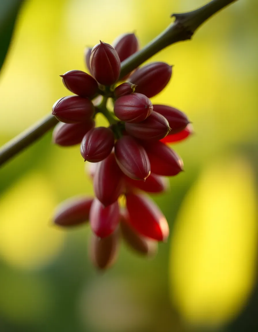 A serene macro photograph of a coffee flower branch, captured in the gentle glow of early morning light. The image highlights the delicate petals and rich foliage, showcasing their velvety texture in stunning detail. The natural muted tones create a soft, tranquil atmosphere, while the rule of thirds composition elegantly places the flower branch in the frame. This intimate portrayal of coffee in its blooming stage embodies the beauty of nature and the origins of coffee.