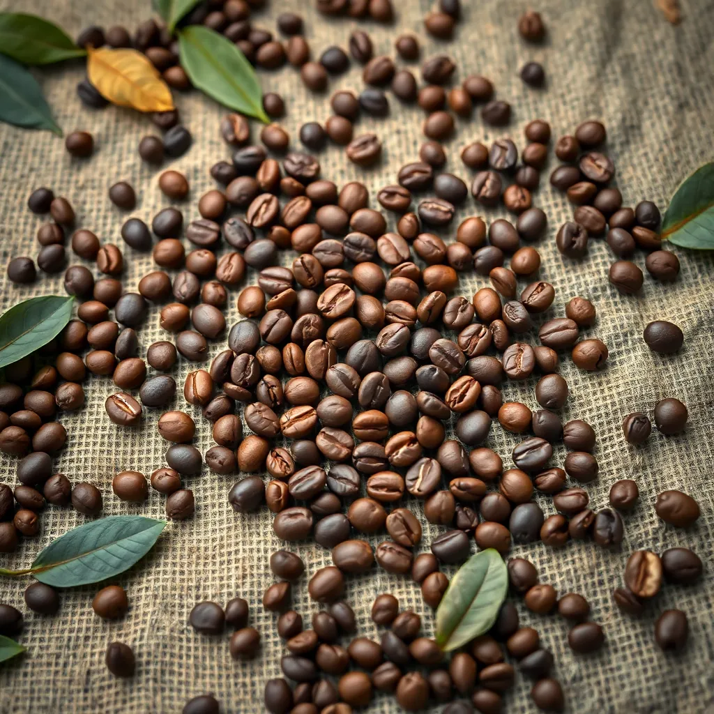 An artistic arrangement of coffee beans beautifully displayed on a textured burlap cloth. Overcast daylight casts a gentle glow, revealing the rich details of the beans. The circular pattern formed by the beans draws the viewer's eye, while scattered leaves add to the organic ambiance of the setting. The muted earth tones evoke a sense of tranquility, making this an ideal image for coffee aficionados and organic brands.
