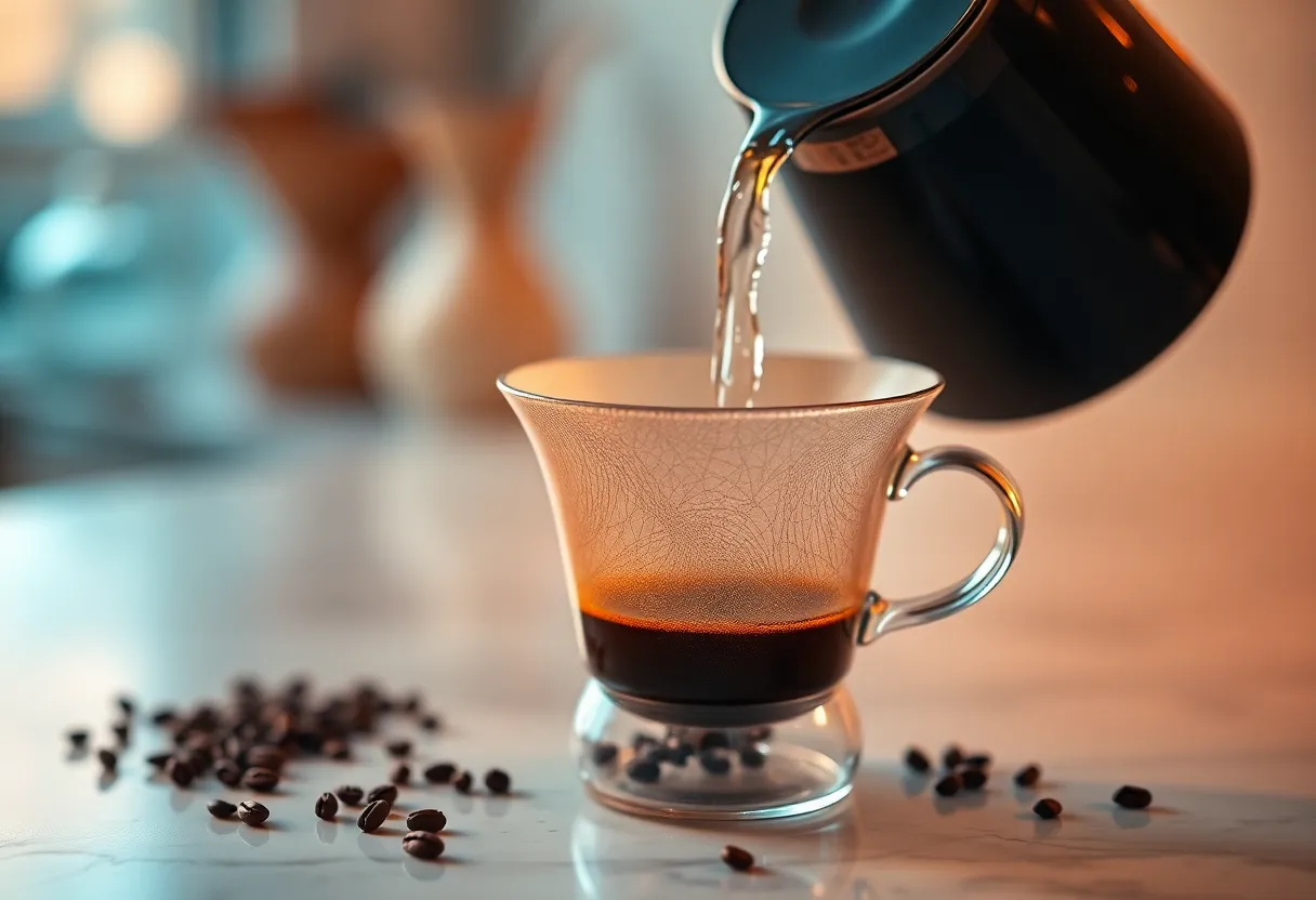 A close-up of an artisanal pour-over coffee setup reveals the intricate details of coffee grounds and water droplets on a minimalist marble countertop. Warm tungsten lighting illuminates the scene, while the shallow depth of field beautifully isolates the textures. Enhanced with cinematic teal and orange tones, this image captures the elegance of the coffee brewing process. The careful pouring action adds a dynamic touch, enticing viewers to appreciate the craft behind each cup.