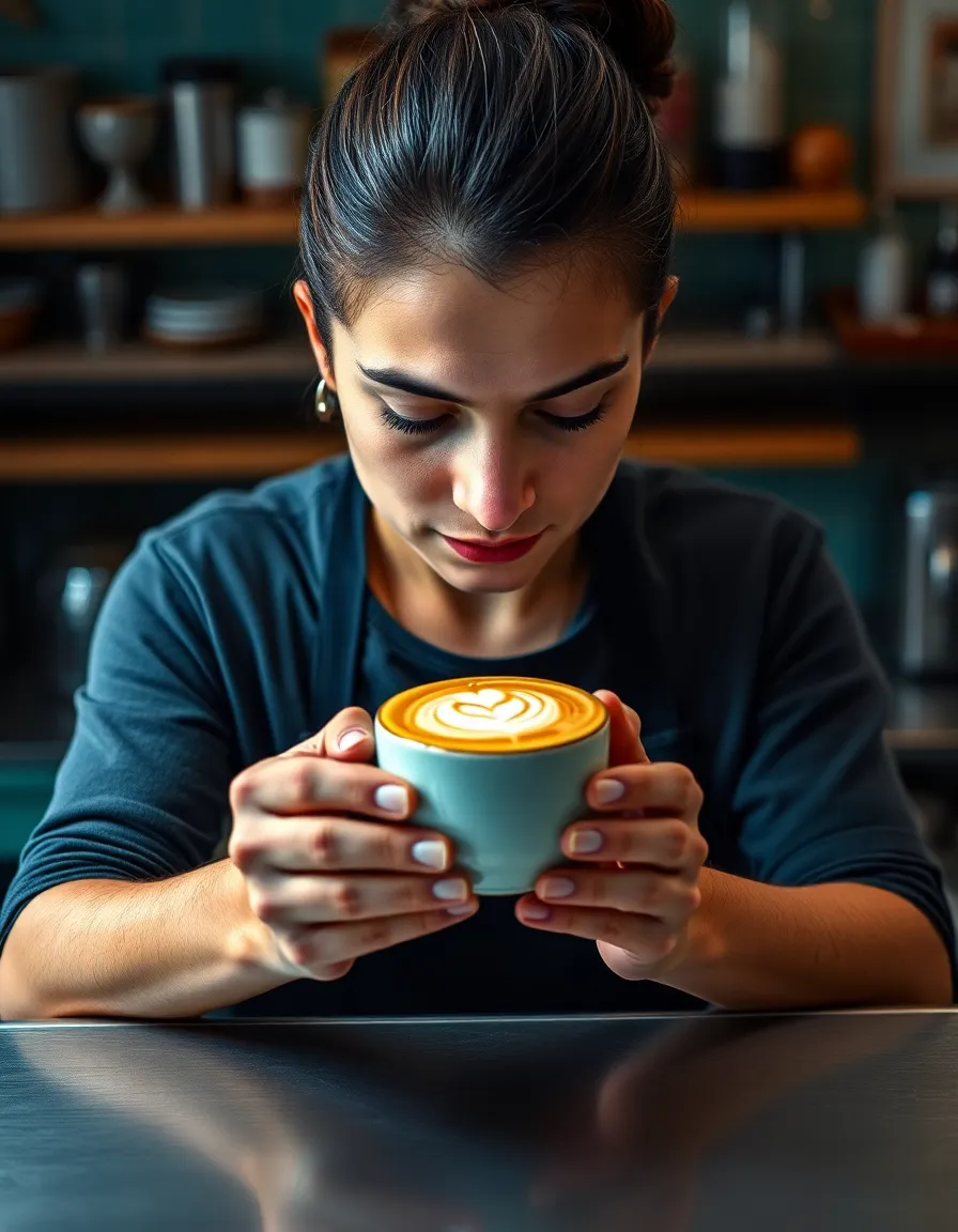 A skilled barista attentively crafts intricate latte art, with the warm browns of the coffee contrasting beautifully with the creamy white foam. The soft, symmetrical composition captures the barista's focus and finesse, highlighted by butterfly lighting that adds depth to the natural skin tones. The brushed stainless steel counter reflects the light, enhancing the scene's warmth and inviting viewers into the art of coffee making.