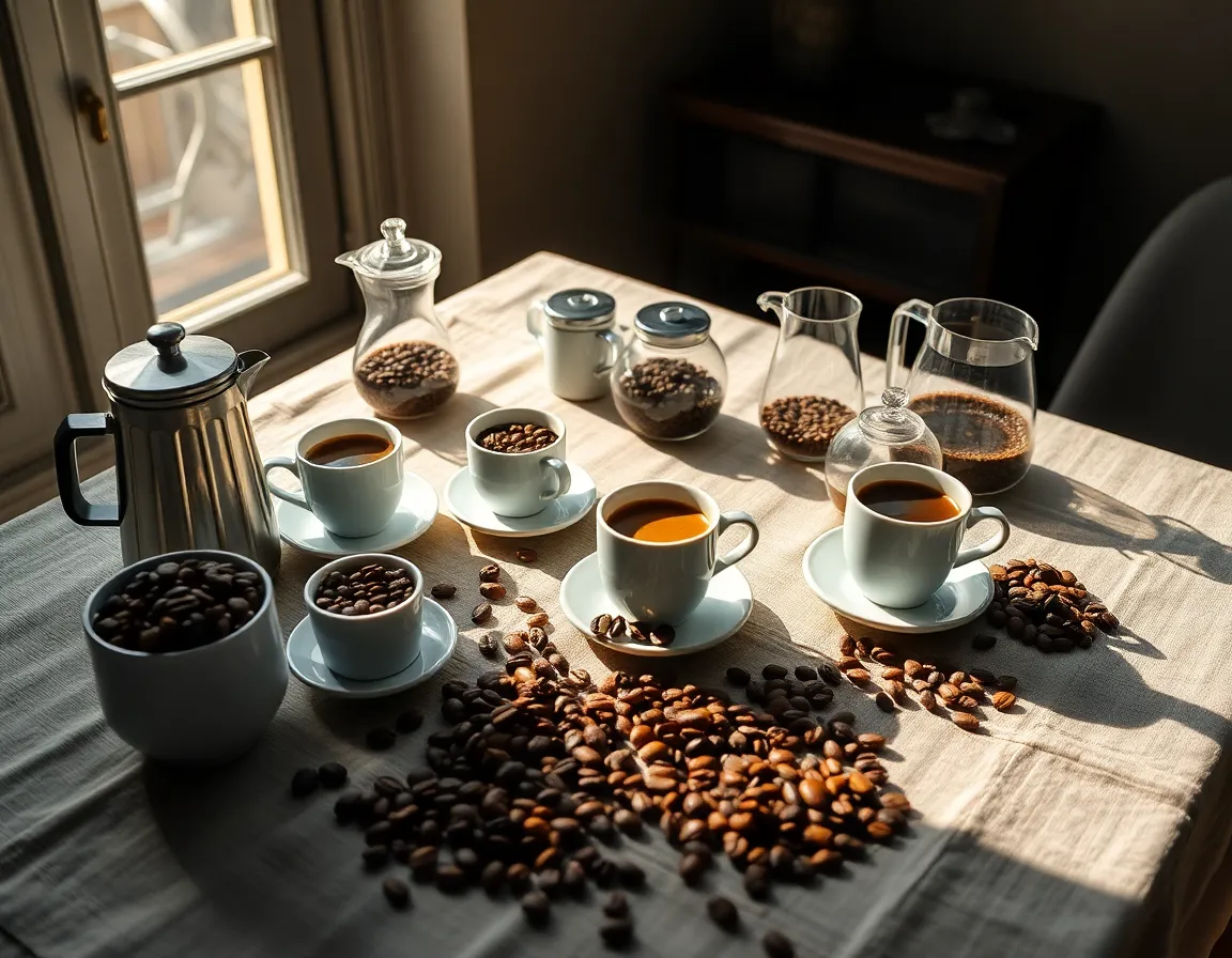 This inviting image showcases an elegant coffee tasting setup on a beautifully textured linen tablecloth, illuminated by soft natural light from a nearby window. The arrangement features a variety of coffee beans and brewing equipment, with careful attention to detail and composition. Soft shadows add depth, while earthy tones resonate with the overall warm ambiance. The gentle focus on the beans invites viewers to explore their rich flavors, creating a sense of connection to the coffee experience.