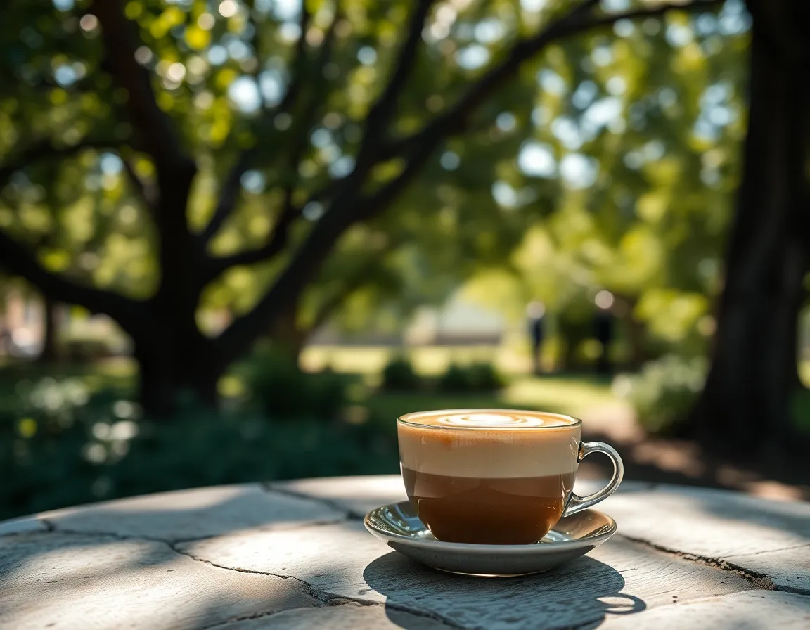 An outdoor coffee setting is beautifully styled with a cappuccino topped with intricate foam art, resting on a weathered stone table. Dappled sunlight filters through the tree canopy, highlighting the vibrant greens of the foliage and creating a soft bokeh effect. This serene outdoor scene captures the beauty of enjoying coffee in nature, evoking feelings of tranquility and connection with the environment. The composition draws the eye upward, framing the setting in a natural embrace.