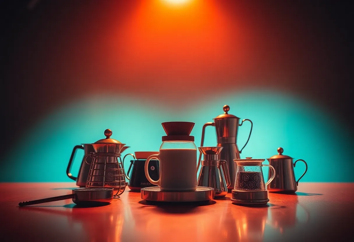 A dramatic studio shot of an elaborate coffee brewing setup, featuring various tools such as a pour-over, grinder, and measuring scales, all artfully arranged around a central mug. The overhead lighting creates striking highlights and deep shadows, adding depth and dimension to the polished surfaces. The cinematic teal and orange color grading enhances the visual appeal, inviting viewers into the intricate world of coffee preparation. This image is a perfect blend of artistry and functionality, showcasing the beauty of coffee culture.