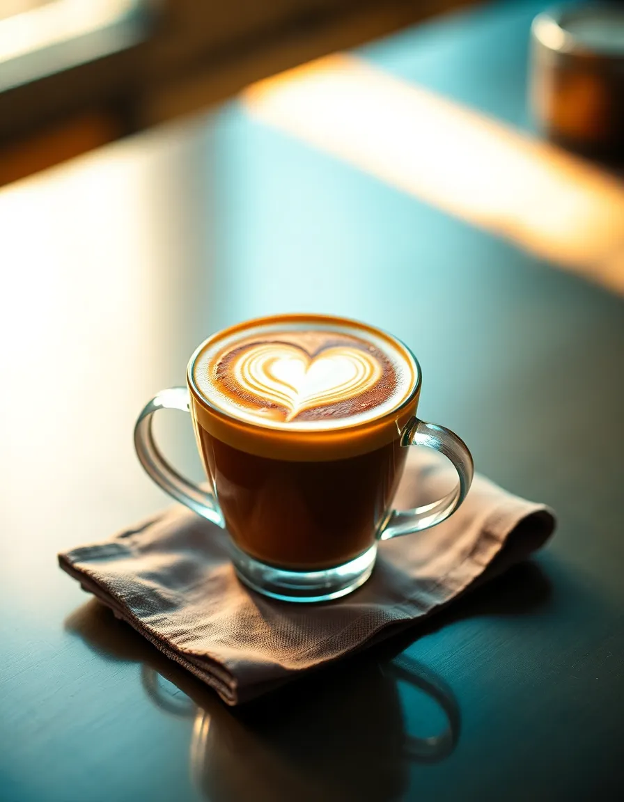 This beautifully composed image showcases a glass cup filled with latte art, featuring a meticulously crafted heart design. Illuminated by warm rim light, the coffee's rich colors are enhanced by a cinematic teal and orange grading. The soft texture of the linen napkin contrasts with the glossy surface of the cup, creating a visually appealing scene that captures the artistry of coffee.