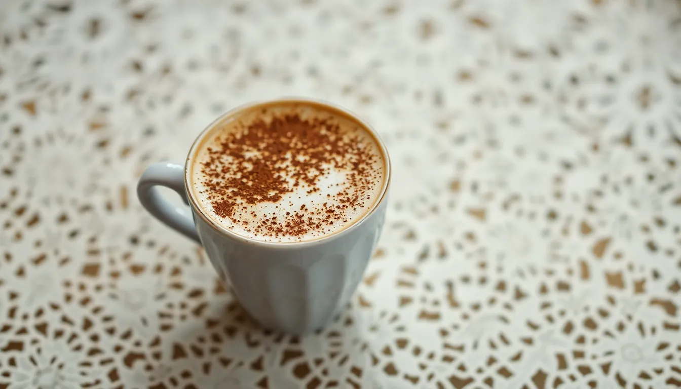 A beautifully styled cappuccino graces an intricately patterned lace tablecloth, lit by a soft butterfly lighting setup. The artistic sprinkle of cocoa powder on the frothy surface adds a charming detail, inviting the viewer to enjoy a moment of indulgence. The soft pastel color palette enhances the delicate and elegant atmosphere of the scene. This composition captures both the charm of the beverage and the intricate textures of the lace, perfect for those who appreciate fine coffee aesthetics.
