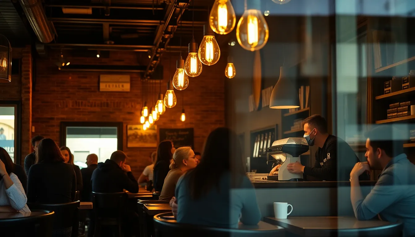 This lively scene inside a bustling coffee shop captures the essence of community and connection over coffee. Patrons engage in spirited conversation, illuminated by the warm glow of Edison bulbs, while a skilled barista prepares espresso in the background. The hyperfocal composition showcases the entire environment in stunning clarity, evoking a cozy ambiance with rich, warm tones. The textures of wood and metal, combined with the vibrant activity, invite the viewer to experience the joy of café culture.