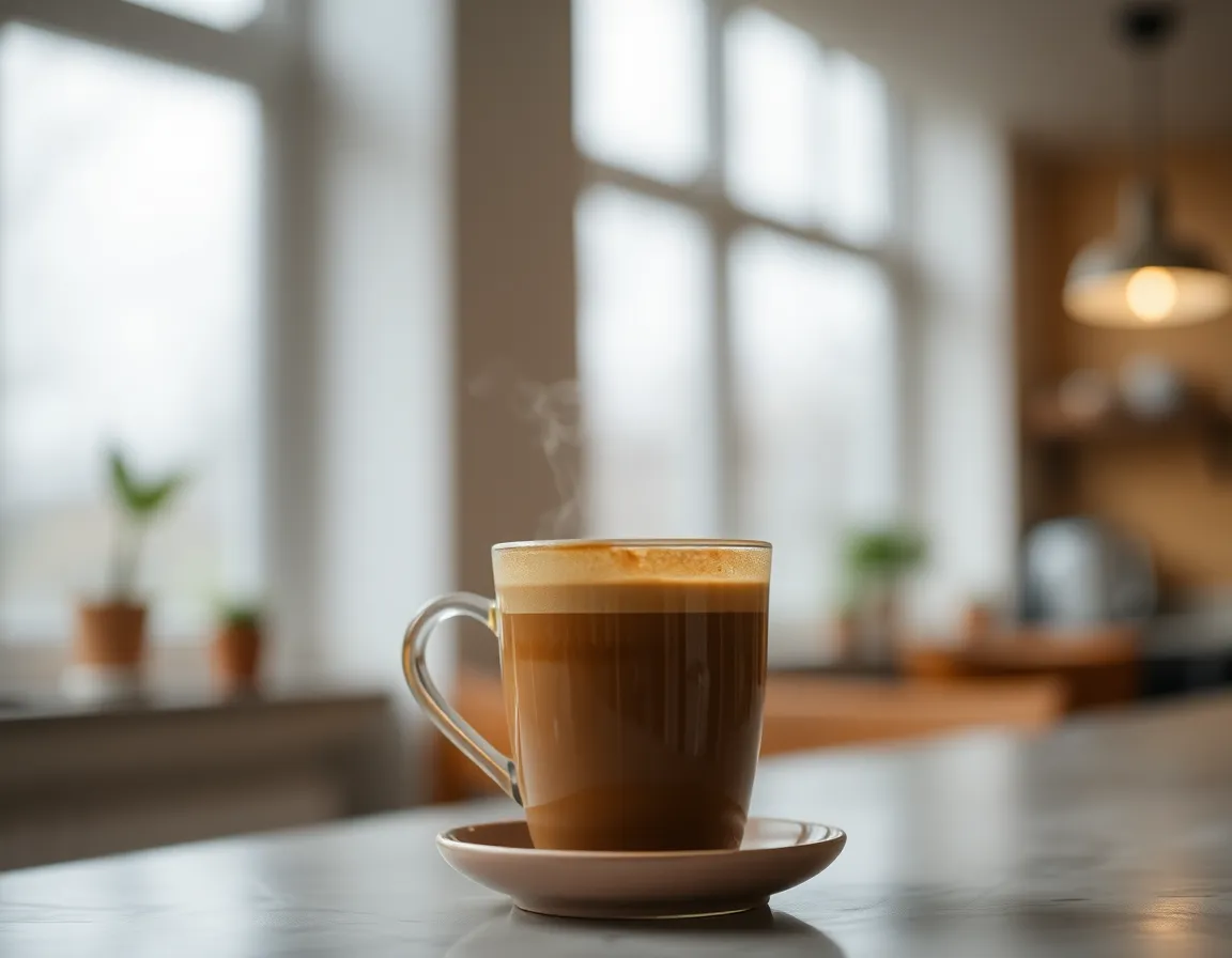 This striking image focuses on a steaming cup of coffee resting on a sleek modern countertop, illuminated by soft, diffused daylight. Overcast lighting creates a serene atmosphere, while the muted color palette emphasizes the coffee's deep hues. The composition uses leading lines to guide the viewer's eye toward the cup, creating an inviting and contemporary setting.