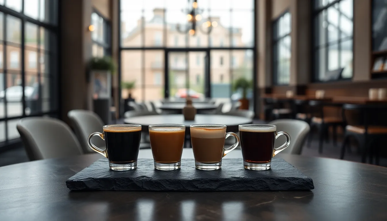 An exquisite coffee flight arrangement displayed elegantly inside a chic coffee shop. The four cups showcase a variety of brews, perfectly set against a textured black slate serving board. Overcast daylight softly illuminates the scene, highlighting the rich colors of the coffees while maintaining a cozy ambiance. The symmetrical layout invites appreciation for the artistry of each cup, making this image a delightful visual treat for coffee lovers.