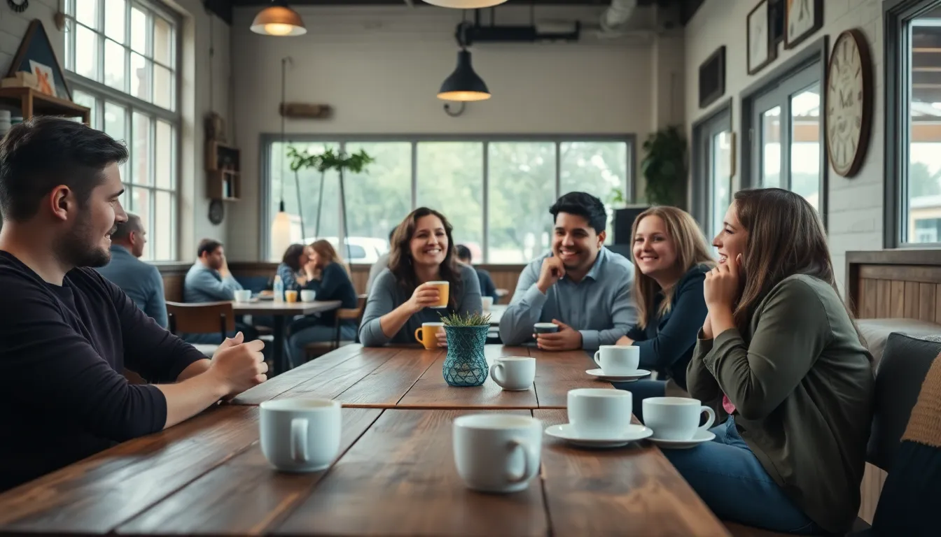 In a cozy coffee shop, patrons enjoy their drinks under the soft, diffused light of overcast daylight streaming through large windows. The image captures a lively and inviting atmosphere, filled with warm earth tones and delightful pops of color. Customers are seen engaged in conversation, surrounded by rustic wooden tables and a variety of coffee cups. This shot highlights the social experience of enjoying a cup of coffee with friends.