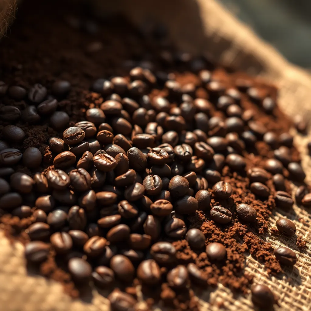 This hyper-detailed close-up captures the rich texture of freshly ground coffee beans scattered over a rustic burlap sack. Bathed in warm sunlight, the image highlights the deep brown hues of the beans and their natural sheen. The shallow depth of field creates a dreamy bokeh effect that enhances the focus on the beans, inviting viewers into the sensory experience of coffee preparation. This photograph exemplifies the beauty and tactile nature of coffee products.