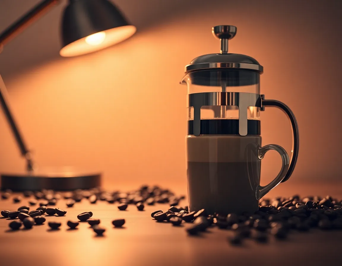 An elegant coffee setup featuring a French press, coffee beans, and a filled cup captures the essence of indulgence. The warm tungsten lighting casts an inviting glow over the scene, while the rich browns and creamy bokeh enhance the luxurious feel. With selective focus on the French press, viewers are drawn to the intricacies of the setup, making it a perfect visual for coffee aficionados. This image exudes warmth and sophistication.