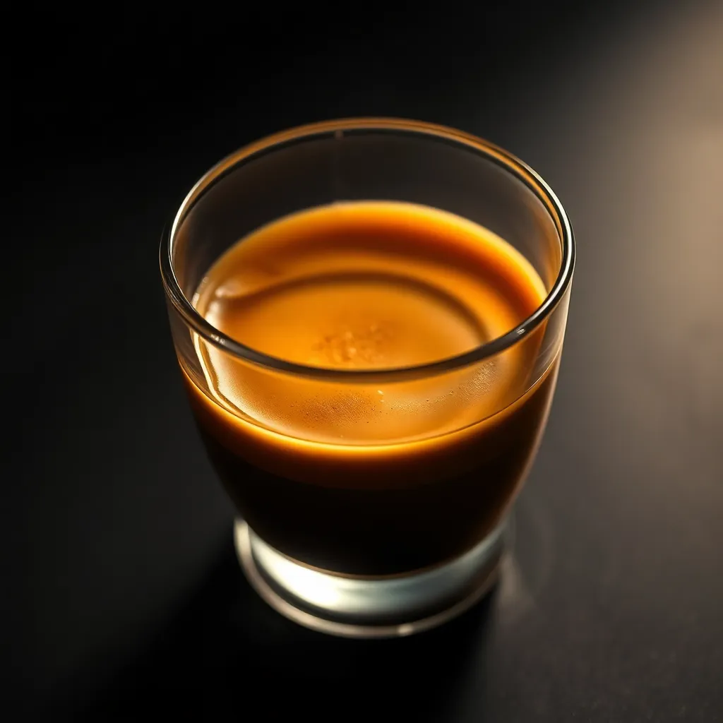 Close-Up of Rich Espresso Shot This detailed close-up captures a perfectly brewed shot of espresso in a transparent glass cup, showcasing its rich, caramel-colored crema. The warm tungsten light creates a beautiful reflection on the surface, enhancing the visual appeal and depth of the brew. Hyperfocal focus reveals the intricate texture of the espresso, while the deep brown and gold tones highlight its richness. The elegant composition draws the viewer's eye directly to the cup, celebrating the artistry and allure of a perfect espresso.