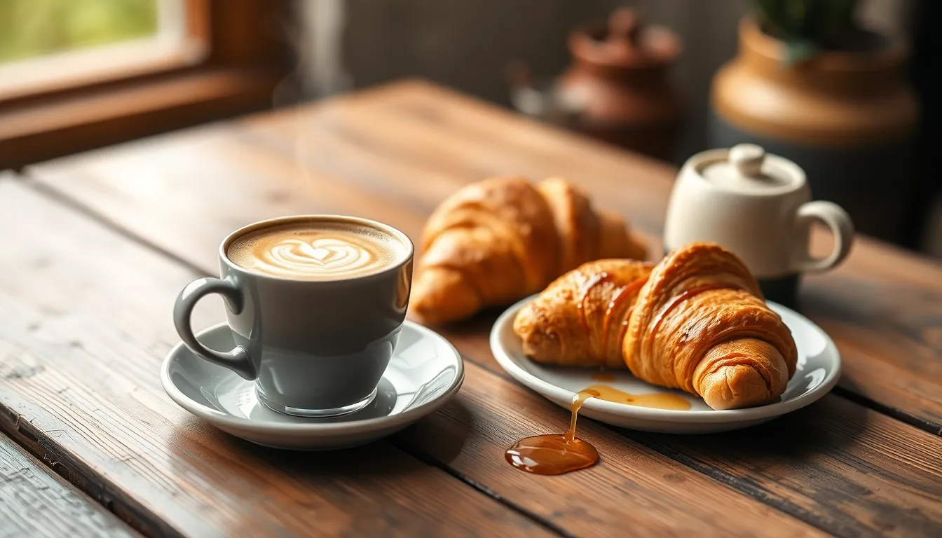This inviting image features a lush coffee setup on a rustic wooden table, complete with a steaming cup of latte art and a freshly baked croissant. Soft, natural light fills the scene, creating an inviting atmosphere accentuated by warm, earthy colors. The use of shallow depth of field emphasizes the fine details of the latte foam and croissant's golden crust, while the composition ensures a balanced display of tempting breakfast elements. This image is perfect for conveying warmth and comfort in the coffee experience.