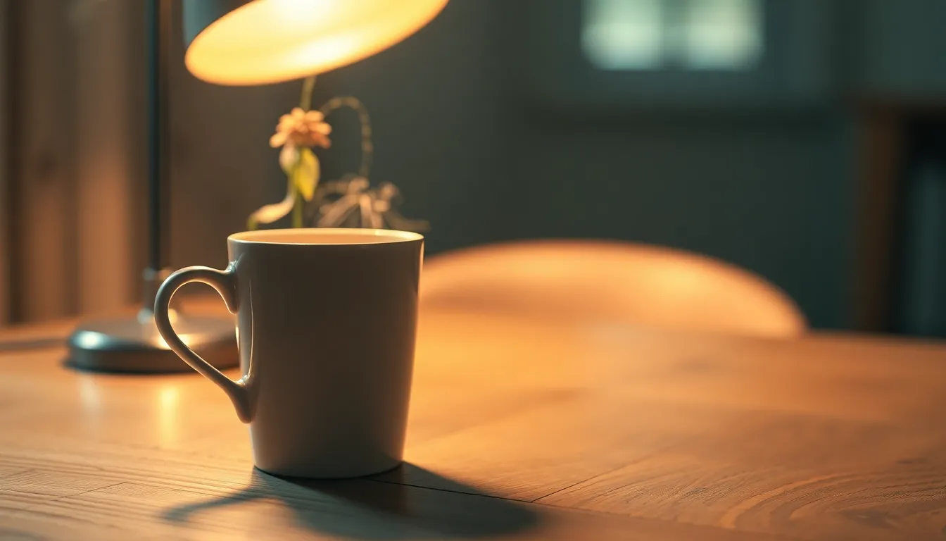 A beautifully composed scene featuring a steaming cup of coffee resting on a weathered oak table. Warm lighting from a tungsten lamp creates a cozy atmosphere, highlighting the rich tones of the coffee and the rustic texture of the table. The shallow depth of field draws attention to the cup while softly blurring the background, evoking a sense of comfort and relaxation. This image is perfect for coffee lovers seeking an inviting and warm ambiance.