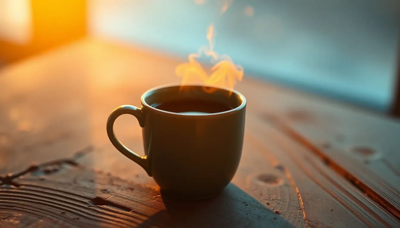 Warm Coffee Cup on Rustic Table This photorealistic image captures a steaming cup of coffee on a rustic wooden table during golden hour. The warm rim light accentuates the steam rising from the cup, while the rich, dark brown of the coffee provides a comforting contrast against the textured wood. The shallow depth of field draws focus to the cup, creating an inviting and cozy atmosphere. This scene evokes feelings of warmth and relaxation, perfect for coffee lovers.