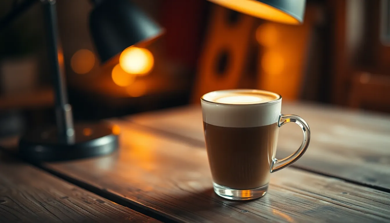 This image captures a beautifully crafted cappuccino served on a weathered wooden table. The warm lighting creates a cozy ambiance, highlighting the intricate foam art atop the coffee. The shallow depth of field draws attention to the cup while the rustic texture of the table adds warmth. With rich earthy tones, the photo evokes a sense of comfort and relaxation, perfect for coffee enthusiasts.