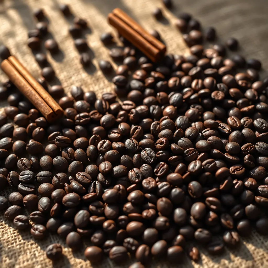 This artistic flat lay captures the beauty of freshly roasted coffee beans presented on a rustic burlap background. The natural daylight enhances the rich dark browns of the beans, while cinnamon sticks add an elegant touch. The sharp details of the beans contrast beautifully with the soft texture of the burlap. This image is perfect for coffee brands or culinary blogs looking to emphasize quality and craftsmanship.