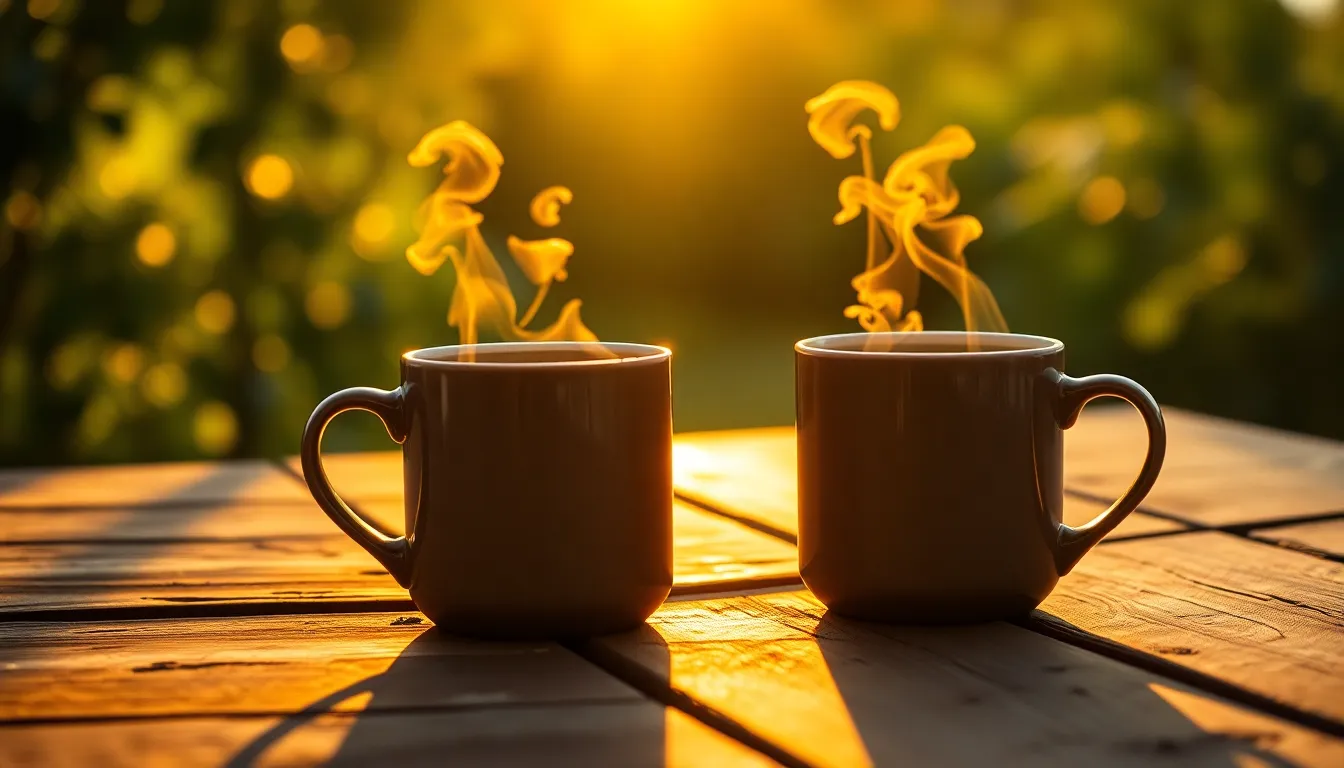 This vibrant image captures two steaming mugs of coffee invitingly placed on a rustic outdoor table during golden hour. The warm backlight highlights the steam rising from the mugs, creating a captivating atmosphere of warmth and camaraderie. Enhanced by rich colors and soft background bokeh, the scene evokes a sense of connection, comfort, and the beauty of enjoying coffee with loved ones.
