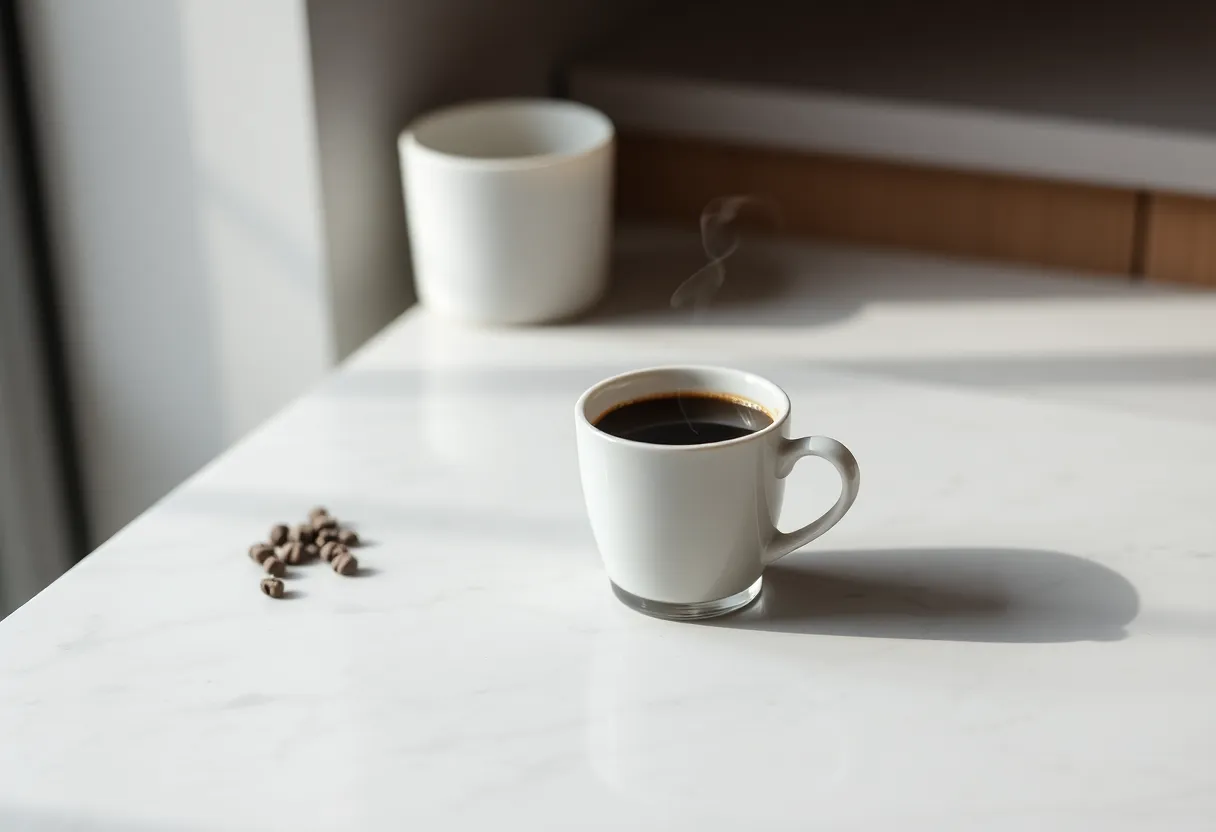 This minimalist image showcases a steaming cup of black coffee resting on a smooth marble countertop. The soft daylight enhances the simplicity and elegance of the scene, with gentle shadows that highlight the coffee's steam. A shallow depth of field creates a dreamy background, allowing the viewer to focus on the cup's form. This photograph embodies sophistication and is perfect for modern coffee branding.