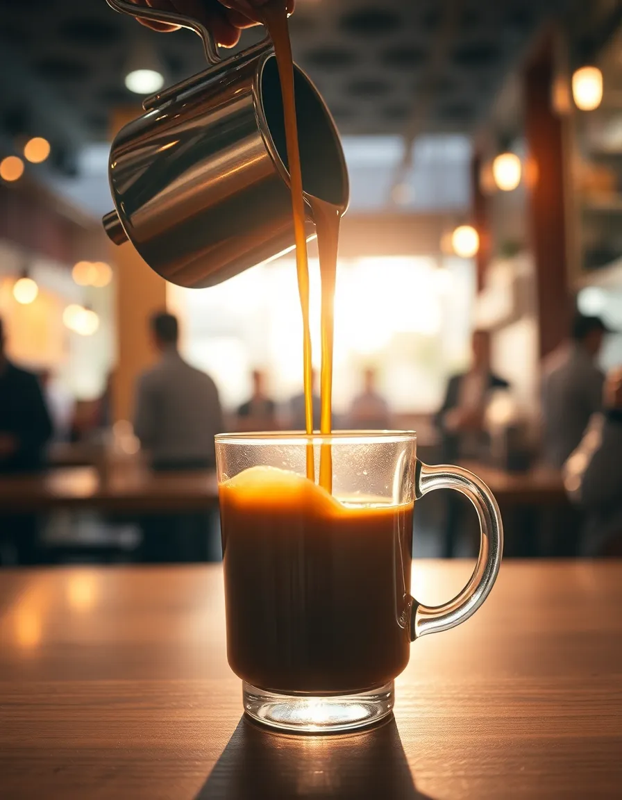 This dynamic image captures the moment coffee is poured into a clear glass mug, creating a captivating scene. The warm backlighting emphasizes the glossy caramel hues of the coffee, while the shallow depth of field blurs the lively café background, enhancing the focus on the pouring action. The centered symmetrical composition highlights the beauty of this everyday ritual, enticing viewers into the coffee experience.