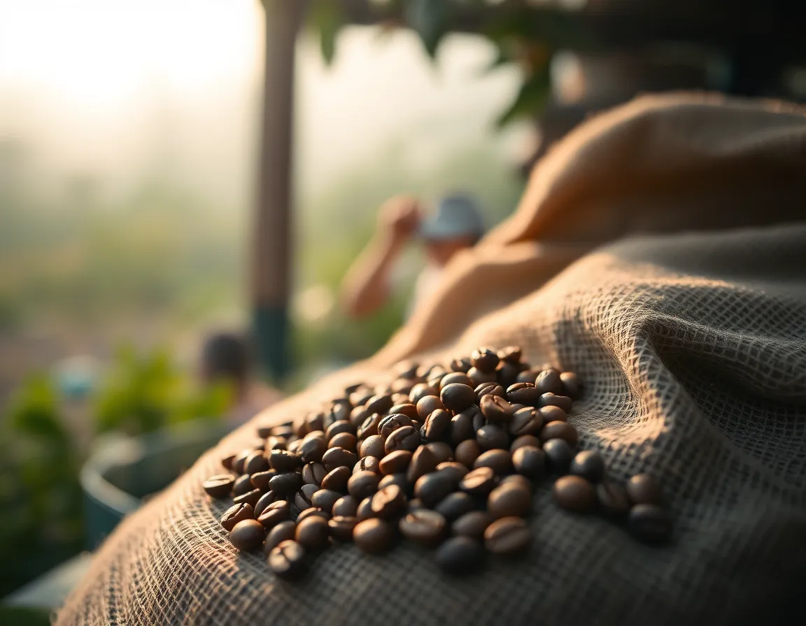 An enchanting scene capturing freshly roasted coffee beans spilling out of a burlap sack, set against a soft, dreamy morning light. The slight fog adds a mystical quality, while the muted earth tones evoke a sense of warmth and earthiness. Selective focus draws the eye to the rich textures of the beans, highlighting their glossy surface. The rustic burlap further enhances the organic feel of the composition, making it a perfect representation of the coffee-making process.