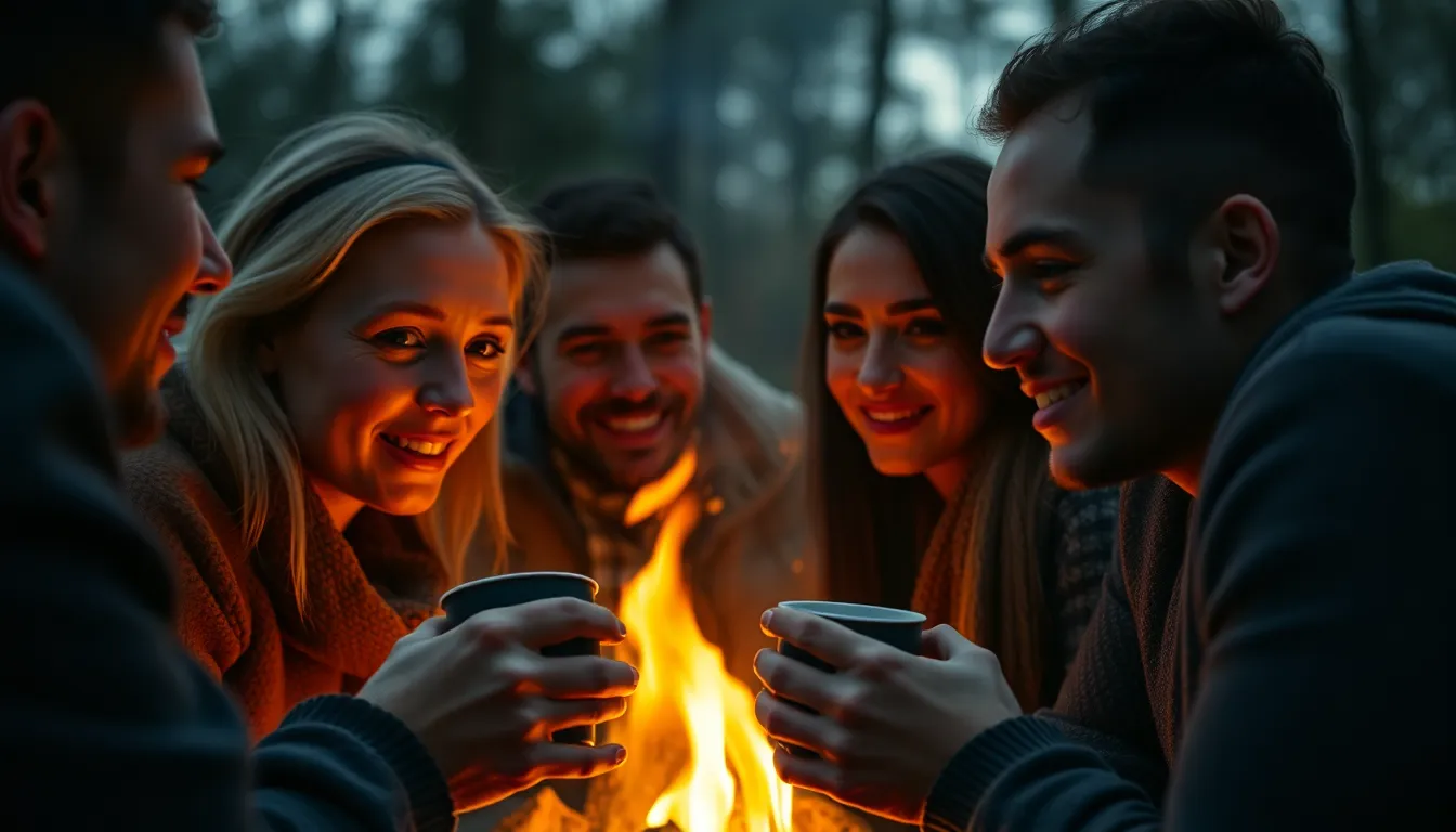 This warm image features a group of friends gathered around a glowing campfire, each holding a cup of coffee. The flickering firelight casts soft shadows and highlights on their smiling faces, enhancing the cozy atmosphere of the evening. The shallow depth of field draws attention to the joyful expressions and the rich brown hues of the coffee. This scene embodies friendship, warmth, and tranquility in nature.