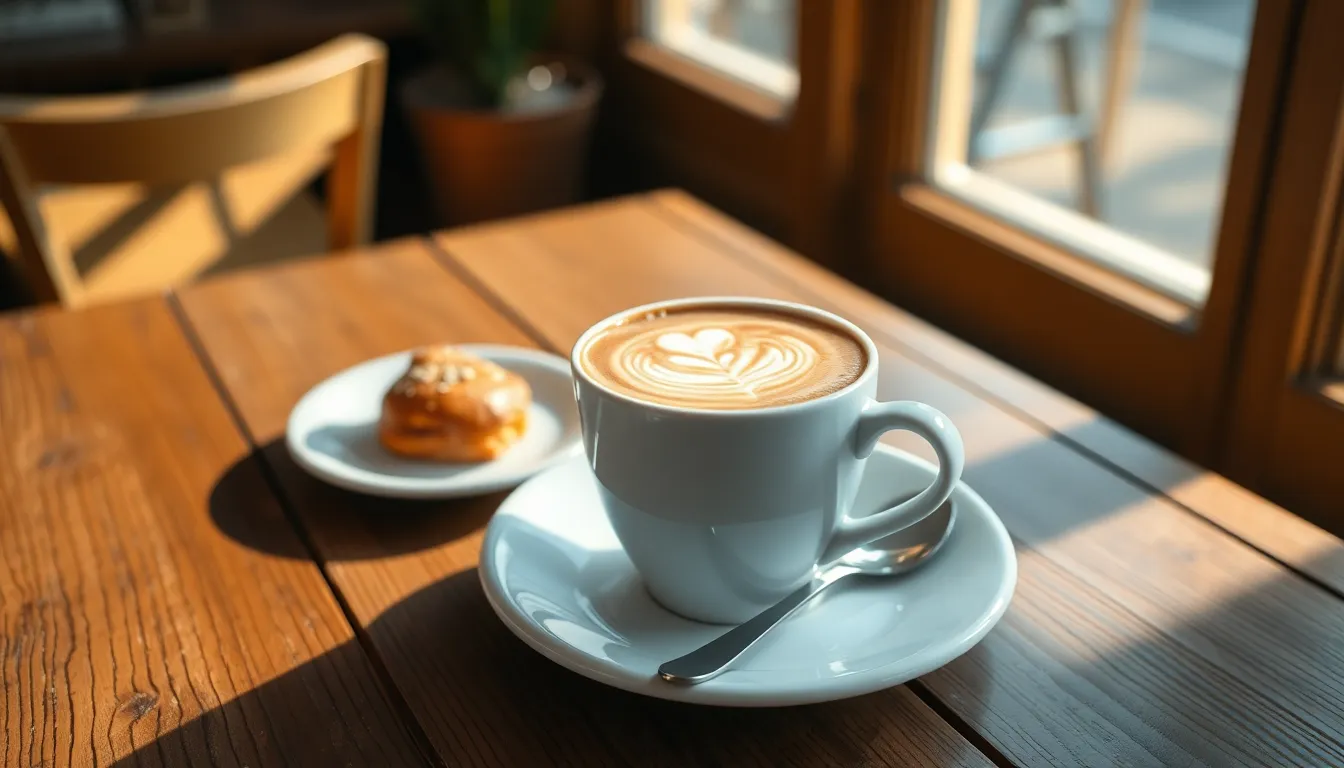 Cozy Café Scene with Latte Art and Pastry