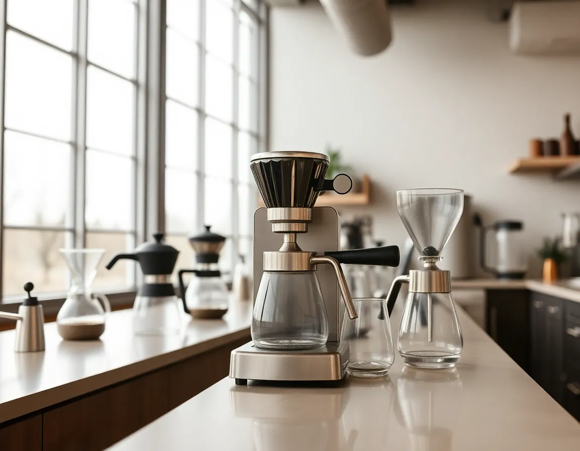 An aesthetically pleasing coffee brewing setup sits on a kitchen countertop bathed in diffused daylight. The symmetrical arrangement showcases an array of tools including a French press, pour-over kettle, and coffee beans in glass jars, all reflecting the soft highlights of the stainless steel surfaces. The muted earth tones of the environment create a cozy atmosphere, inviting coffee enthusiasts to imagine the brewing process.