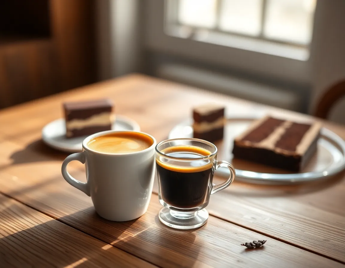Espresso with Chocolate Cake on Rustic Table