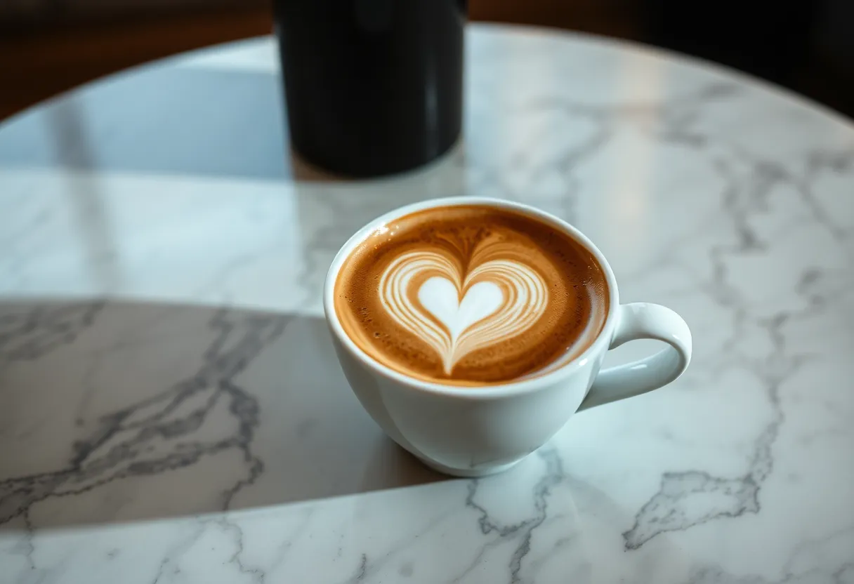 This visually striking image highlights an exquisite latte art heart shape in a pristine white porcelain cup, elegantly poised on a luxurious marble countertop. The artistic interplay of light and shadow accentuates the texture of the microfoam, creating a visually appealing contrast with the marble's smooth surface. Soft, muted colors of creamy whites and rich browns evoke a sense of sophistication. The shallow depth of field draws immediate focus to the delicate latte art, inviting coffee lovers to appreciate this beautiful moment.