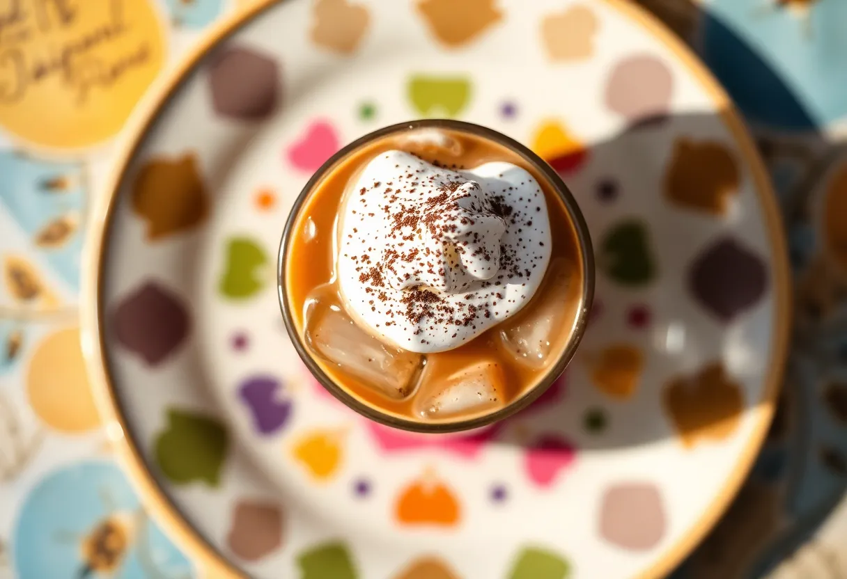 Iced Coffee with Whipped Cream on Colorful Plate