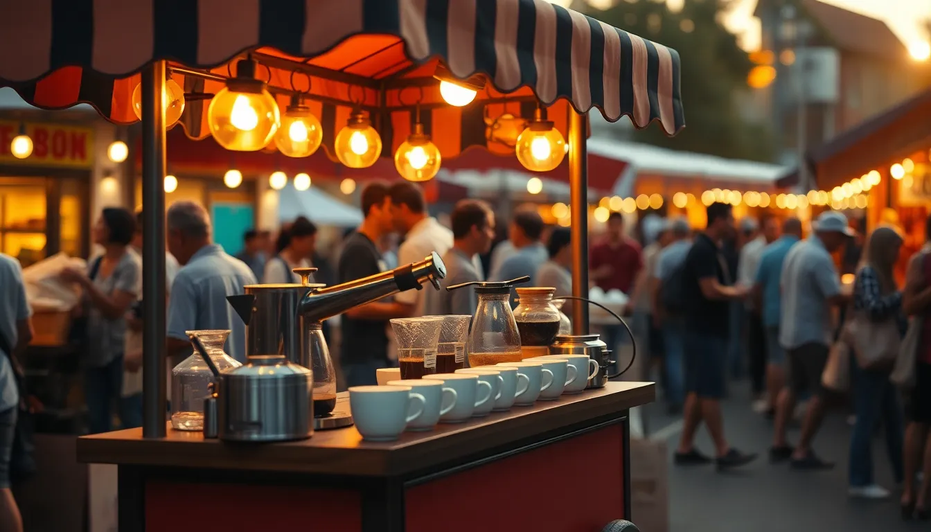 Vibrant Coffee Cart at Outdoor Market This lively image captures a colorful coffee cart bustling in an outdoor market during golden hour. The warm backlighting creates a magical atmosphere, illuminating the rich coffee as it is poured into cups. With a shallow depth of field, the cart is sharply focused while the surrounding market fades into soft bokeh, accentuating the vibrant social scene. The warm color palette of oranges and browns enhances the inviting mood, perfect for capturing the essence of community and enjoyment around coffee.