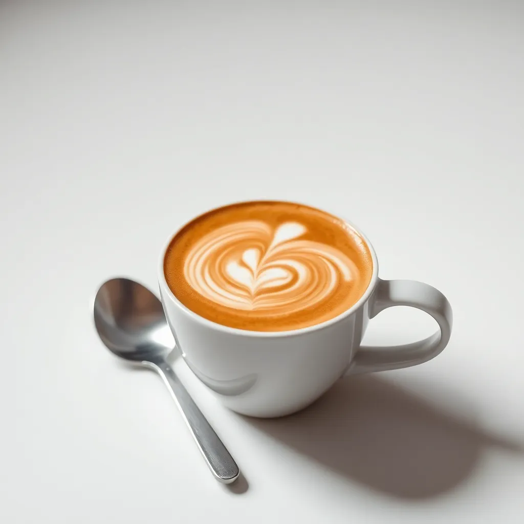 A stunning close-up shot of an elegantly styled coffee cup showcasing intricate latte art set against a minimalist white background. The soft, diffused lighting amplifies the rich tones of the coffee and cream, creating an inviting and sophisticated mood. The centered composition allows the viewer to appreciate every detail of the cup, augmented by the smooth surface of the brushed steel spoon beside it. Perfect for showcasing high-end coffee products or café aesthetics.